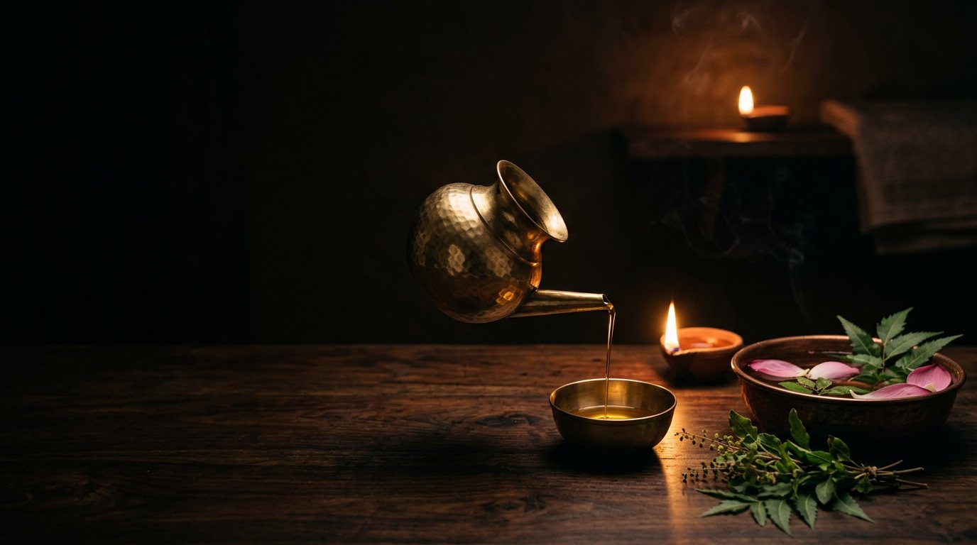 Ayurvedic oil, a brass vessel and traditional lamps